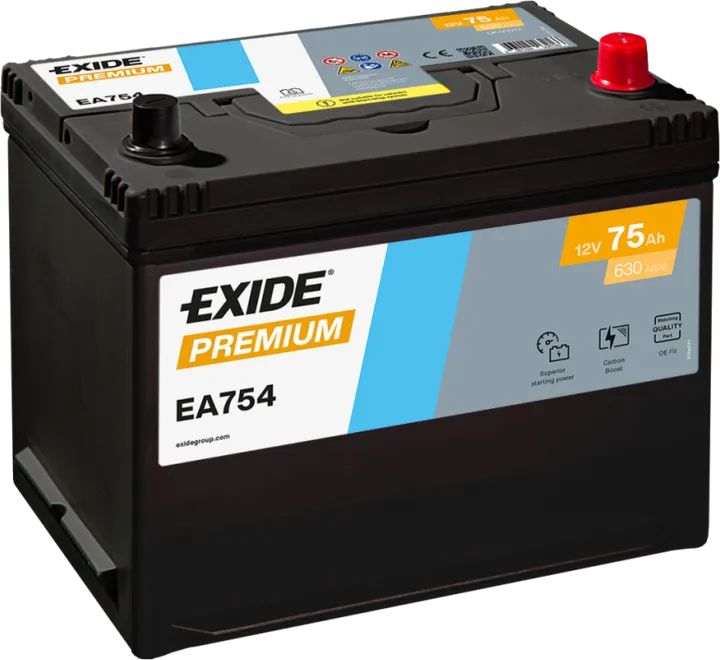 Aku 75Ah 630A 270x172x222mm-+ Exide Premium EA754